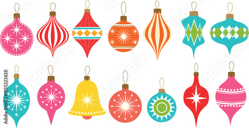 Colorful Christmas Baubles Collection with Retro Hanging Ornaments and Festive Holiday Decoration Vector Illustration Set