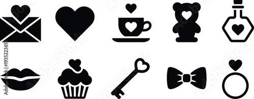 Love romance icons set, heart envelope coffee teddy bear perfume lips cupcake key ring vector illustration romantic symbols