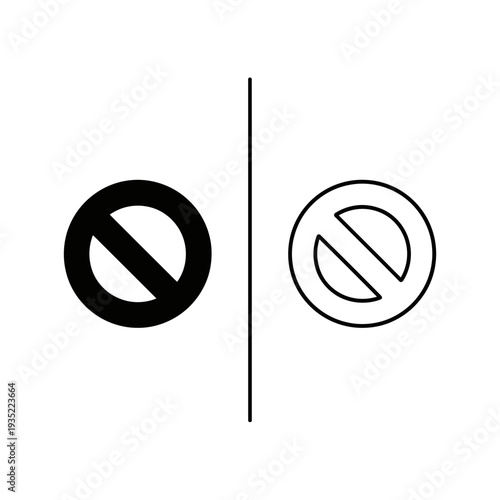 Prohibition sign in solid black and outline, representing denial or restriction, isolated vector graphic.