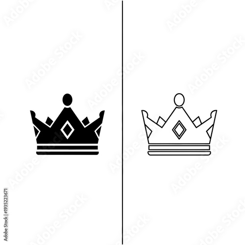 Royal Crown Icons: Solid Black and Outline, symbolizing royalty, power, and leadership.
