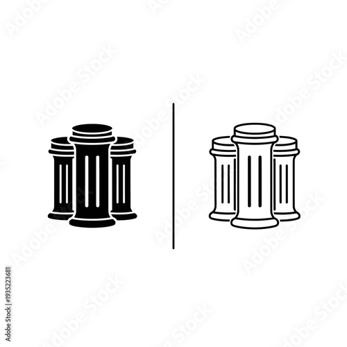Three ancient Greek columns in solid and outline styles, representing architecture, support, and history.