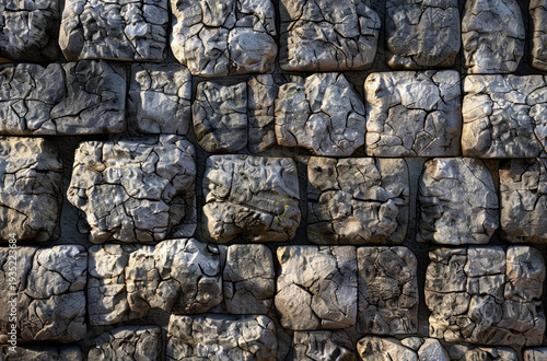 Photo of Old grey antique cobble stone wall. Background texture for backdrops or mapping