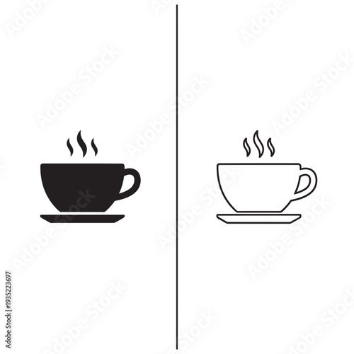 Steaming coffee cup on saucer, solid and outline vector illustration, representing hot beverages and comfort.