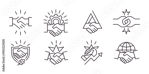 Business Handshake Icon Set for Partnership Agreement, Global Collaboration, Industry Growth, and Corporate Trust Security Line Art Vector