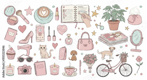 Collection of Pastel Pink Feminine Objects.