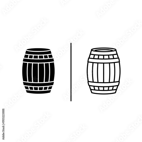 Barrel icon set - black solid and outline styles, vector illustration for storage, liquid, industry, beverage concepts