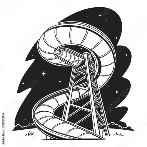 Retro-Futuristic Spiral Slide Structure Against a Starry Night Sky - Black and White Architectural Illustration
