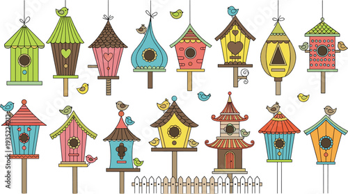 Colorful Decorative Birdhouse Collection with Cute Birds Hanging Wooden Nest Boxes Cartoon Style Vector Illustration Set