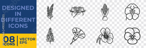 A collection of 8 minimalist vector icons depicting various plants and flowers in a clean, flat design style, ideal for graphic projects.