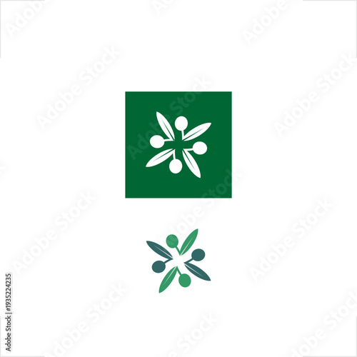 Radial olive branches forming a plus cross symbol in negative space, representing agriculture, peace, and community. Modern flat vector logo for organic food, healthcare, nonprofit, and eco-friendly 