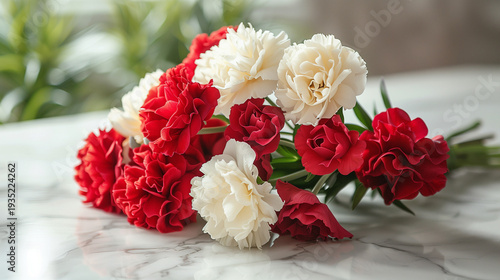 Bouquet of red and white carnations on marble surface, elegant fresh floral arrangement