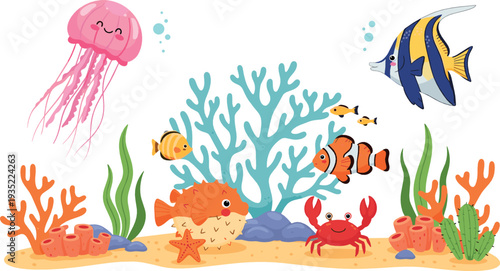 Colorful Coral Reef Scene with Tropical Fish, Jellyfish, Crab and Underwater Marine Life Vector Illustration