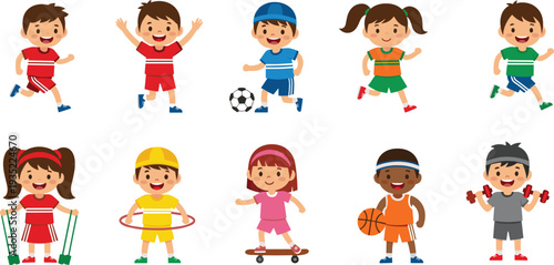 Happy cartoon children playing various sports including soccer running basketball and skateboarding for youth athletics physical education school sports day and healthy active lifestyle design