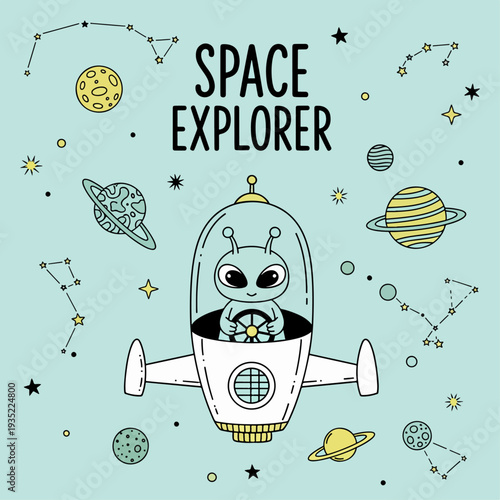 Playful alien in spaceship navigating stars planets and constellations in dreamy space scene