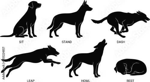 Dog Silhouettes in Various Poses.