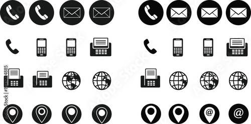 Set of Communication and Contact Icons Including Phone, Email, GPS Location, and Global Connectivity Symbols