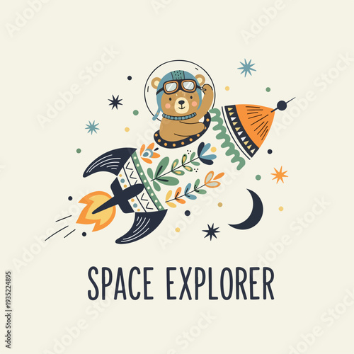 Creative Space Explorer Concept with a Friendly Bear Pilot Navigating a Retro Rocket Amidst Sparkling Celestial Objects