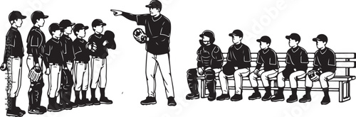 Coach instructing team of young football players in strategy