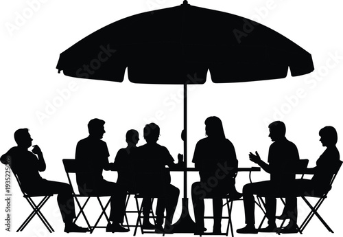 Outdoor cafe group silhouettes, people socializing under umbrella at terrace restaurant drinking coffee lifestyle vector illustration isolated