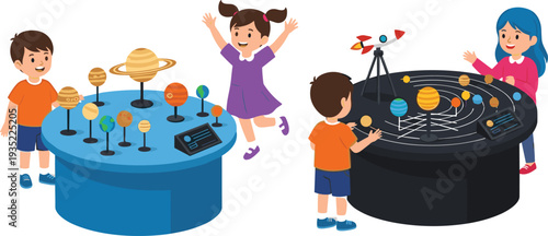 Happy children learning about planets and solar system at space museum exhibition featuring interactive science models rocket and astronomy education for school elementary students