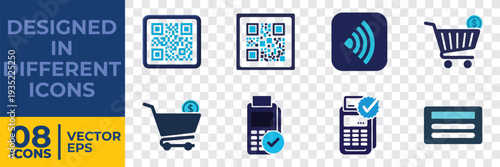 A collection of 8 flat vector icons including QR codes, shopping cart, Wi-Fi, mobile devices, and settings for e-commerce and tech illustrations.