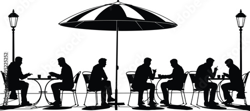 Outdoor cafe silhouettes scene, people sitting under umbrella drinking coffee at terrace restaurant social lifestyle vector illustration