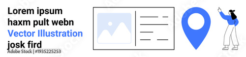 Woman pointing towards a large blue location marker, a webpage layout with text and image placeholders. Ideal for navigation, online services, digital interfaces, web design, user experience