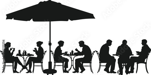 Outdoor cafe silhouettes with people drinking coffee under umbrella, terrace restaurant social meeting lifestyle vector illustration isolated