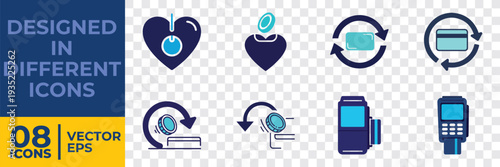 A collection of 8 flat vector icons illustrating technology and communication concepts, including love, sync, cloud, and mobile devices.