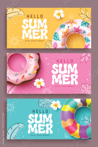 Hello Summer greeting clipart banner set. Hello Summer greeting text clip art with drawing tropical leaves, floater and plumeria flower summer elements in colorful background for seasonal postcard 