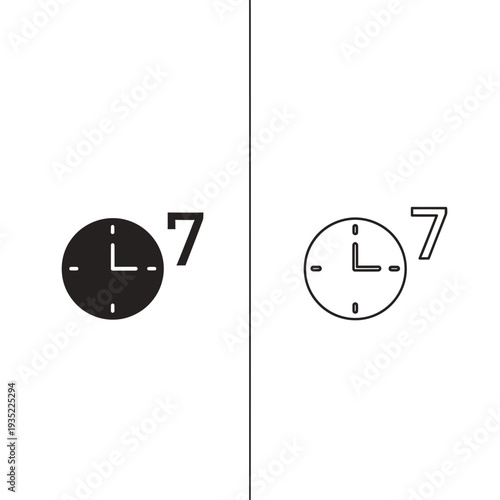 Vector illustration of a clock face with the number 7, in solid black and outline, representing time, schedule, or appointments