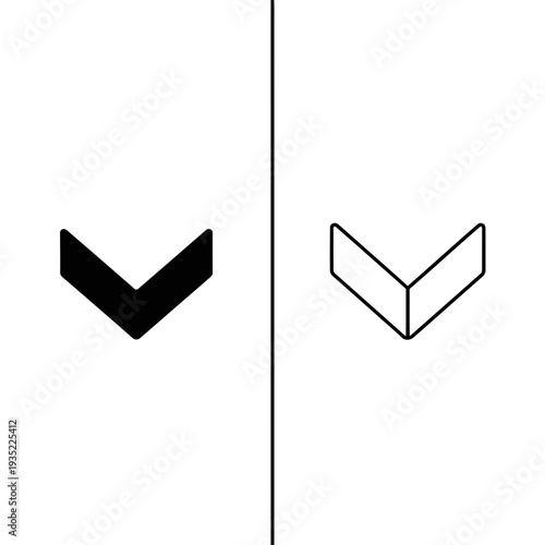 Clean, stylized chevron pointing down, presented in solid and outline vector formats for versatile use