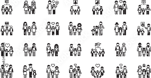 Black and white stick figures of diverse family groups and relationships