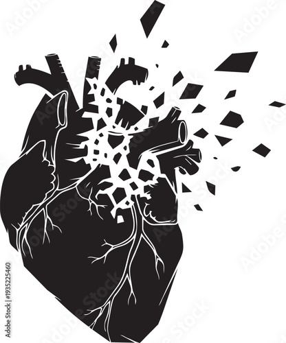 A broken heart with pieces flying off to the side isolated on transparent background, Vector