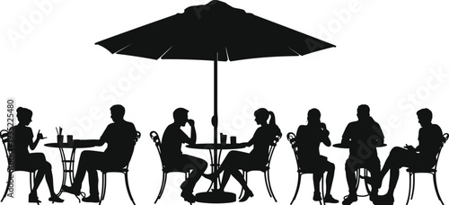 Outdoor cafe terrace silhouettes, people drinking coffee under large umbrella social meeting lifestyle restaurant vector illustration isolated