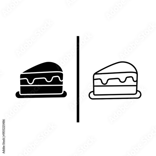 Slice of cake icon, black solid and outline versions, perfect for food blogs, bakeries, and sweet treats