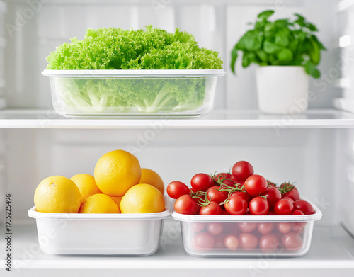 Fresh vegetables and fruits stored in transparent containers on refrigerator shelves including lettuce tomatoes and lemons