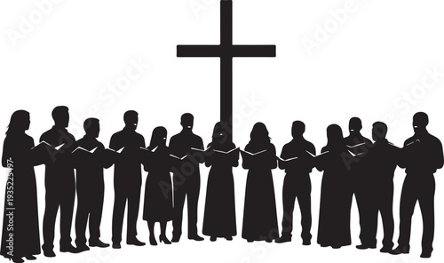 Silhouette of people standing in front of a cross