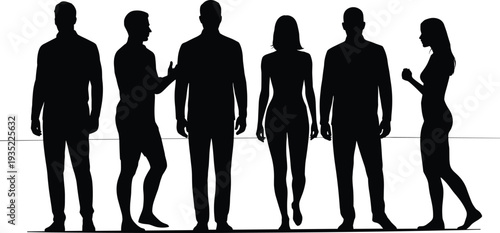 People silhouettes standing collection, men and women human figures lifestyle poses vector illustration isolated design character set
