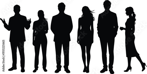 People silhouettes standing set, men and women human figures casual lifestyle poses vector illustration isolated character collection