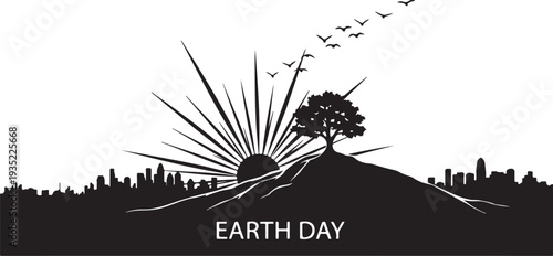 Earth Day illustration with tree and sun rising high