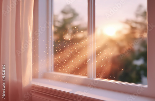 Warm sunset light glowing through a white window frame with soft pink curtains and blurred trees in the background as dust motes float