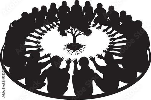 Diverse group of people gathered around a tree silhouette