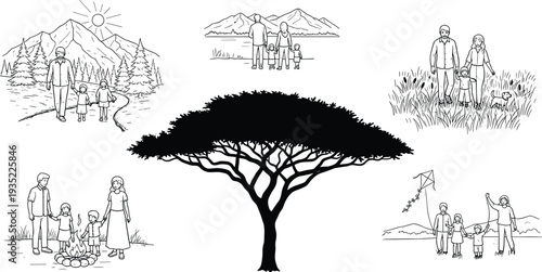 Happy family outdoor activities vector set featuring hiking in mountains camping by campfire flying kites and walking in nature with large acacia tree silhouette