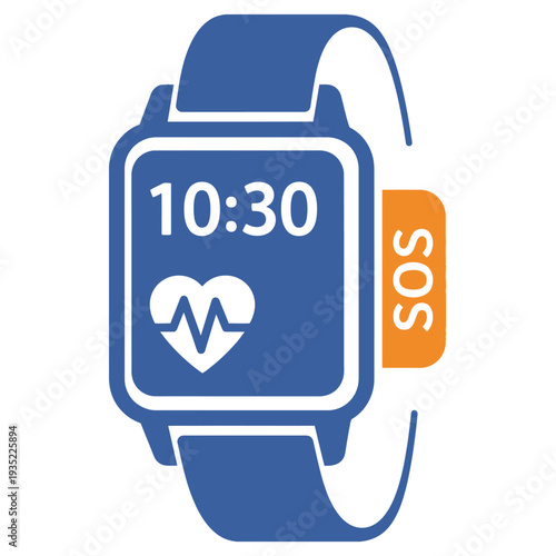 Essential digital smartwatch icon presenting time, heart rate, and an integrated SOS emergency alert system, symbolizing modern personal safety and advanced health monitoring technology