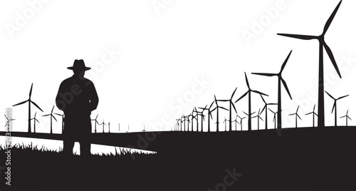 Silhouette of a man standing near wind turbines landscape