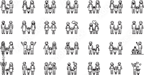Black and white stick figures of various family groups people line relationships