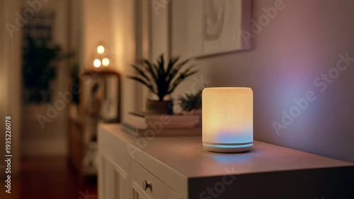 Smart speaker placed on a hallway console softly glowing while generating customizable white noise to muffle distant conversations and vibrations.