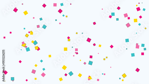 Memphis style design with bold shapes in vibrant colors, featuring scattered geometric patterns in pink, yellow, and teal, isolated on a clean white background