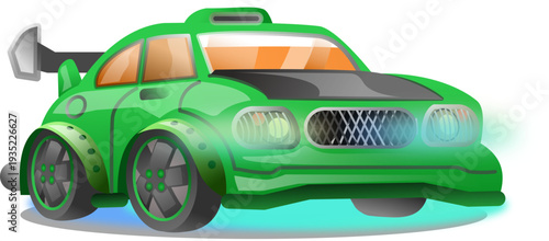 Futuristic Green Cartoon Sports Car with Neon Lights and Motion Glow Vector Illustration
